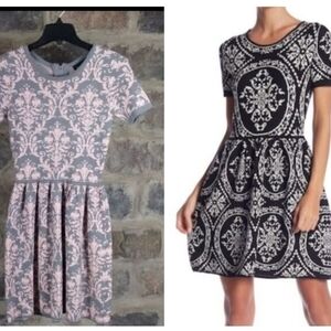 Romeo Juliet Couture XS Gray Pink Damask Print Fit & Flare Knit‎ Dress Romantic